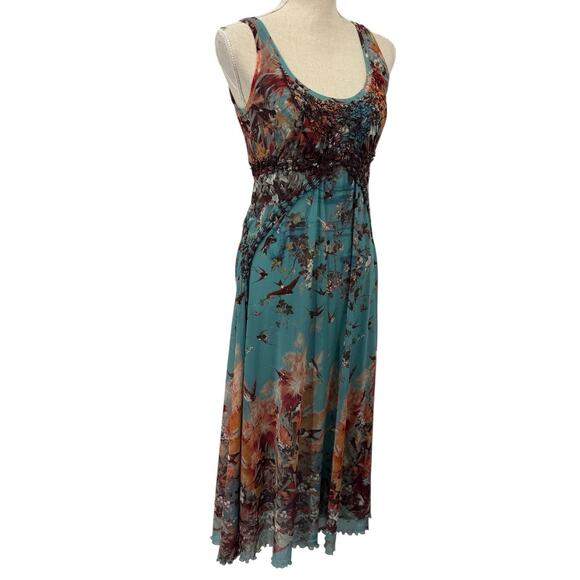 John Paul Gaultier Soleil Maxi Dress M Floral Birds Mesh Sleeveless Smocked Y2K - Picture 2 of 16